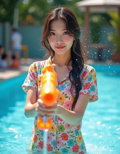 A splashing water festival, a young Asian woman in a colorful flower print shirt, (( holding a big water gun)), Jasmin garland, wear shorts, ((sparkling skin, wet:1.2), emitting a piercing, water beam from water gun barrel, playing water game in Large outd...