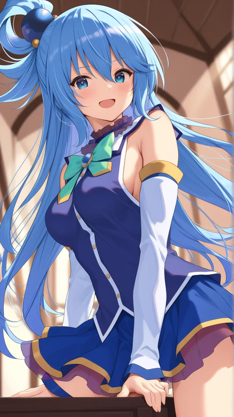 aqua (konosuba) blue eyes, blue dress, blue skirt, turquoise ribbon, sleeveless, White long sleeves,
