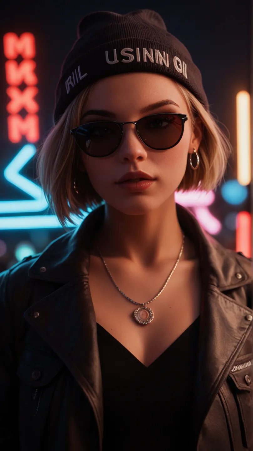 Face close up, alternative girl, watching over black sunglasses, jacket, necklace, neon light reflections on skin, ear ring, makeup, skin imperfection, short hair, beanie, neon lights background, low light, depth of field, highly detailed, high contrast, f...