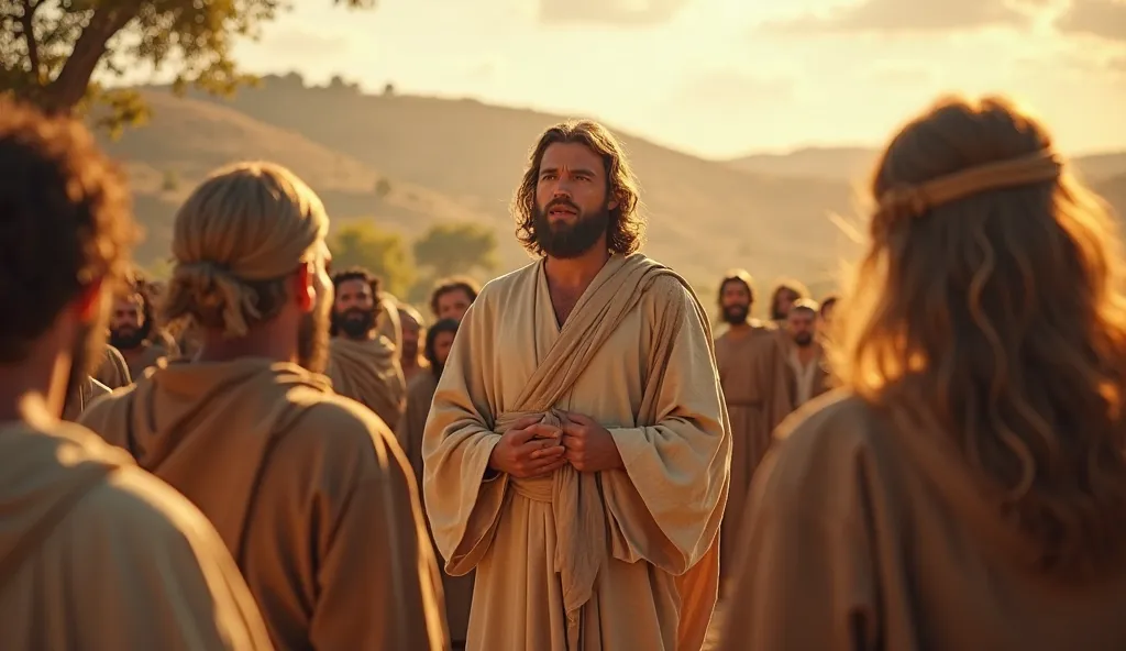 A cinematic, highly detailed depiction of Jesus Christ speaking to his disciples in a biblical setting. Jesus stands at the center, wearing traditional biblical garments—a flowing robe with a simple sash, in earth-toned colors. His face is serene and wise,...