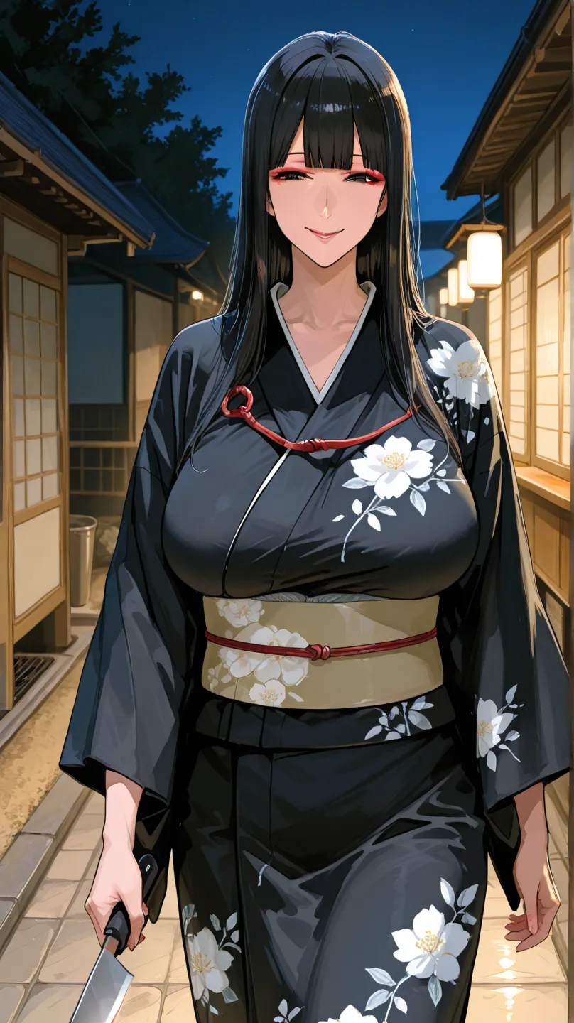 score_9, score_8_up , score_7_u p, ASCII masterpiece, source_anime,from front BREAK 熟女,(solo),mature, 50 year old mature woman,fully clothed,black kimono,anatomically correct,perfect faces,Beautiful, well-groomed eyes,auto activation,full makeup ,beautiful...