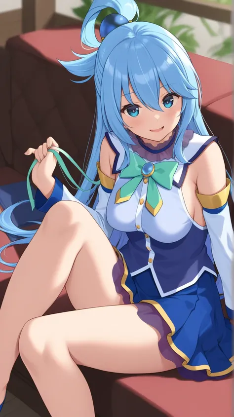 aqua (konosuba) blue eyes, blue dress, blue skirt, turquoise ribbon, sleeveless, White long sleeves,
