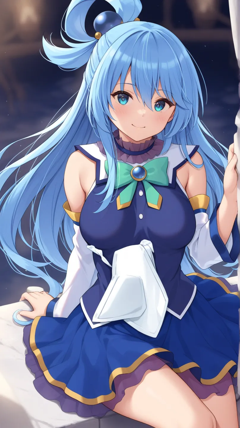 aqua (konosuba) blue eyes, blue dress, blue skirt, turquoise ribbon, sleeveless, White long sleeves,
