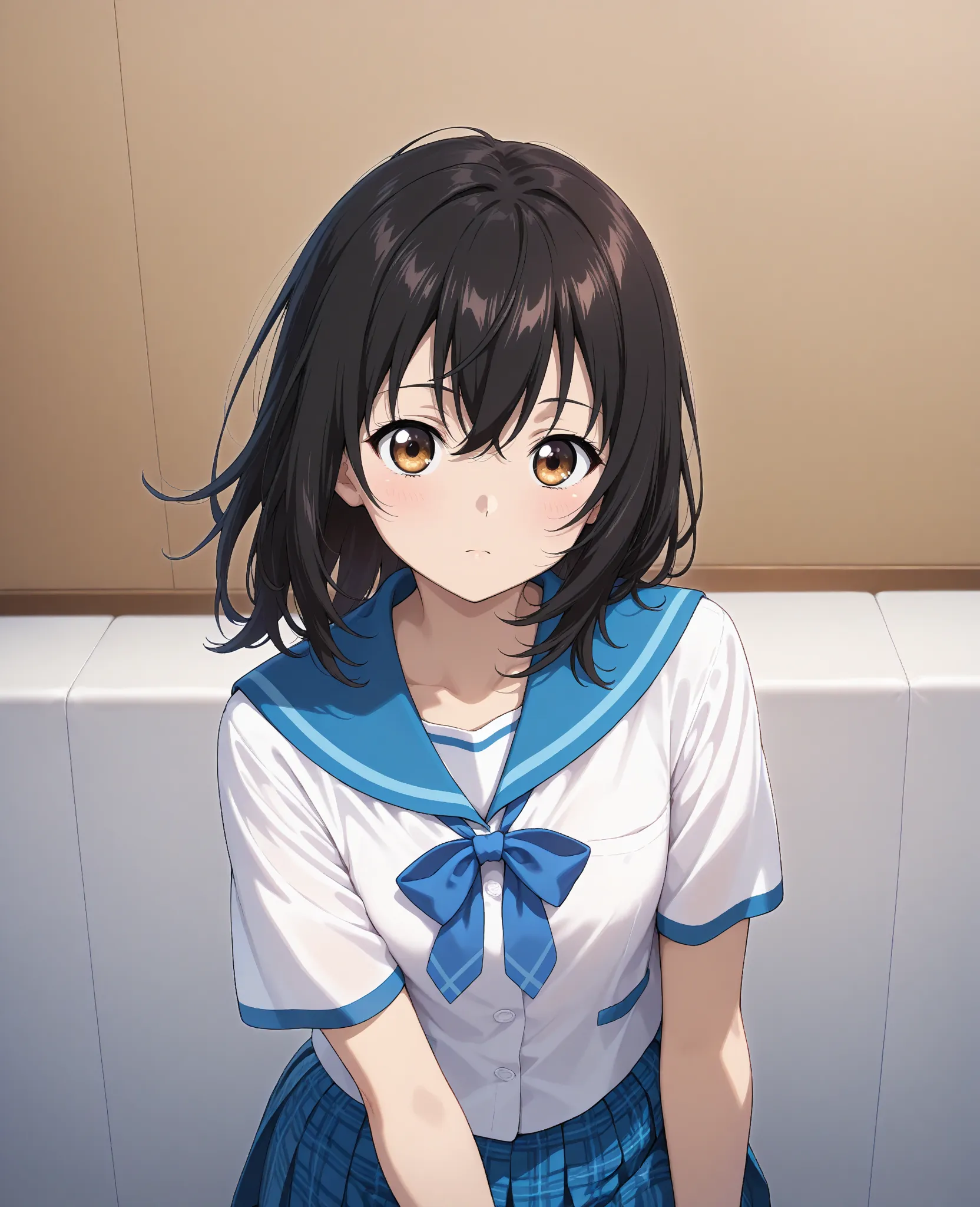 aayukina, medium hair, black hair, brown eyes, school uniform, blue sailor collar, blue bow, white shirt, short sleeves, plaid skirt, blue skirt