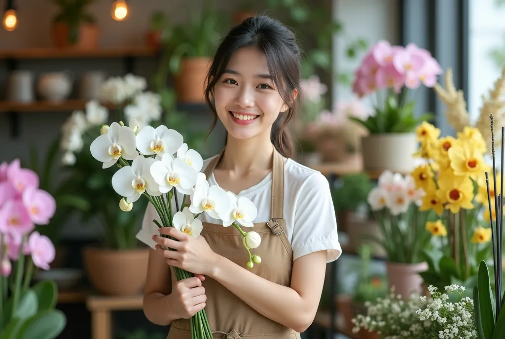 A realistic photograph of a Japanese female florist standing in a flower shop, holding a bouquet of white Phalaenopsis orchids. She wears a neat apron over casual yet professional attire, with a warm and welcoming expression. The background showcases a var...