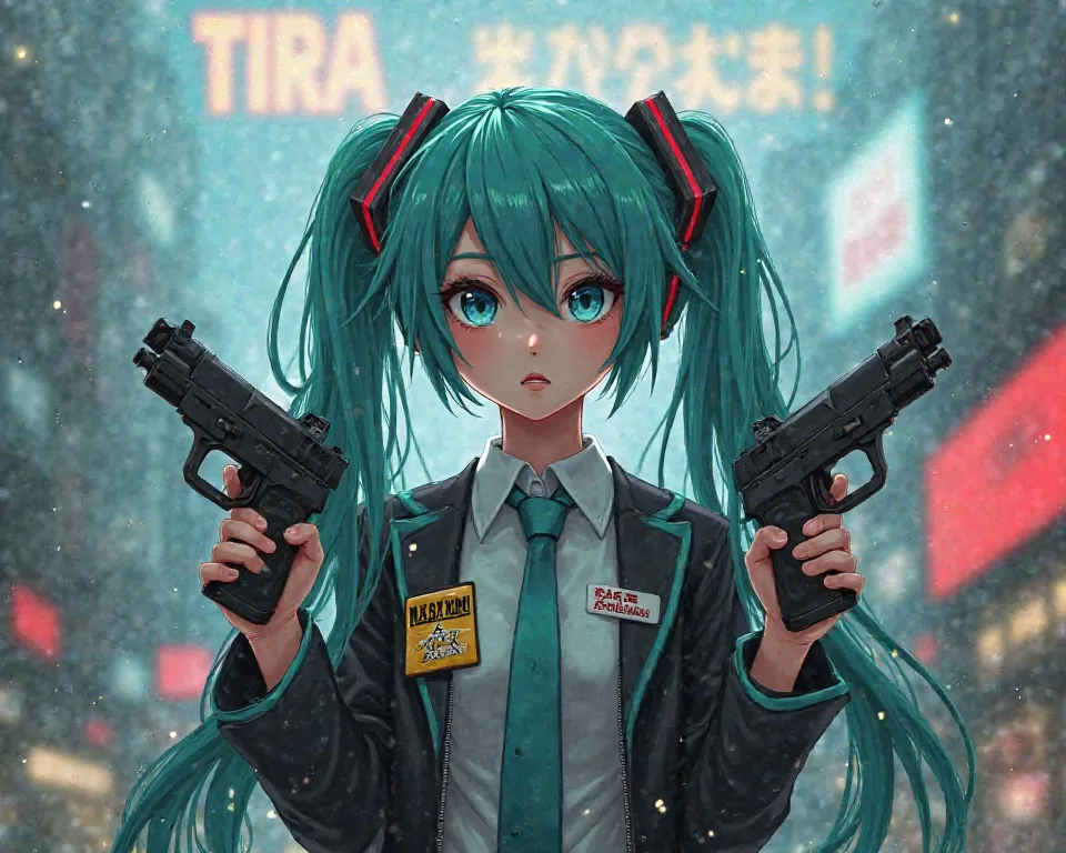 Hatsune Miku, cool whole full body portrait, holding two guns, zombie apocalypse theme, visible big background TIRA logo billboard on top, visible big name tag MAYUMI XIENT on the chest of hatsune miku