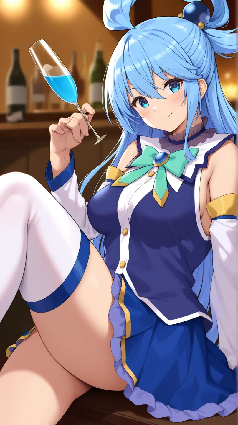 aqua (konosuba) blue eyes, blue dress, blue skirt, turquoise ribbon, sleeveless, White long sleeves,
