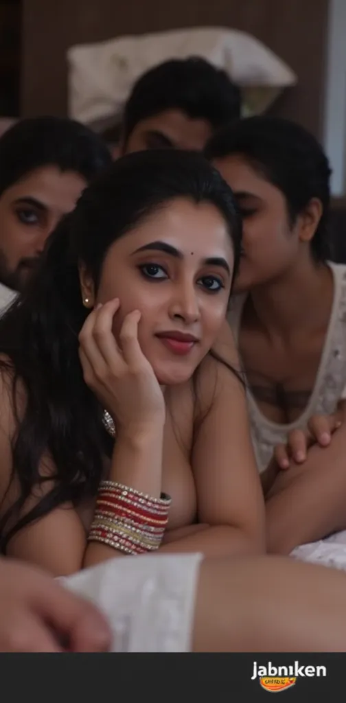 She's Indian wife, leaning on the bed, she's wearing a sexy bikni, camera angle top and wide shot, she's smiling at viewer, she's fully wet, mangala sutra on her neck, her face reaction is sexy and slutty, bright red lipstick, she's surrounded by two dark ...