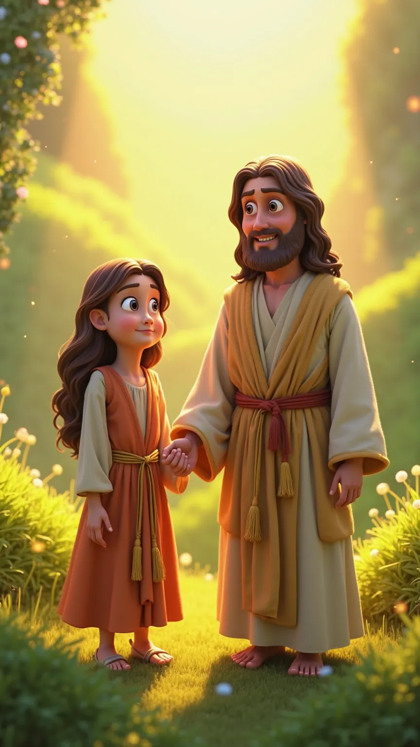 "A stunning 3D animated cartoon-style image featuring Jesus standing next to a young girl. Jesus is depicted in traditional robes, with a gentle and compassionate expression on his face. The girl, illustrated in a Pixar-style animation, has big, expressive...