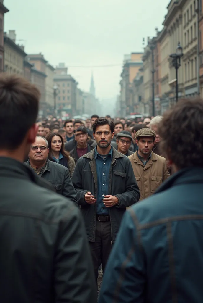 A Gathered Crowd, people listening to a speaker,  A meeting in the city, grey sky, neutral color palette