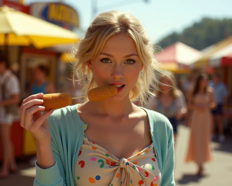 a beautiful blond woman, wearing a long summer dress and blue cardigan eating a corn dog in a street faire, in the afternoon, 35 mm, analog photography, Kodak brownie