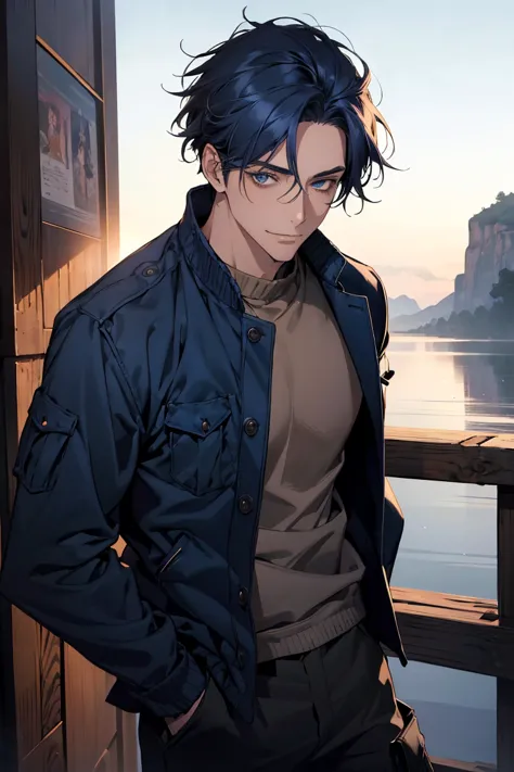 (Best picture quality, High res, Very high res), abstract, masculine, dark blue hair, 33 years old, dark blue eyes, jacket, sweater, cargo pants, dark blue gaze, calm, quiet, gentle smile, observatory, with wolf, dawn