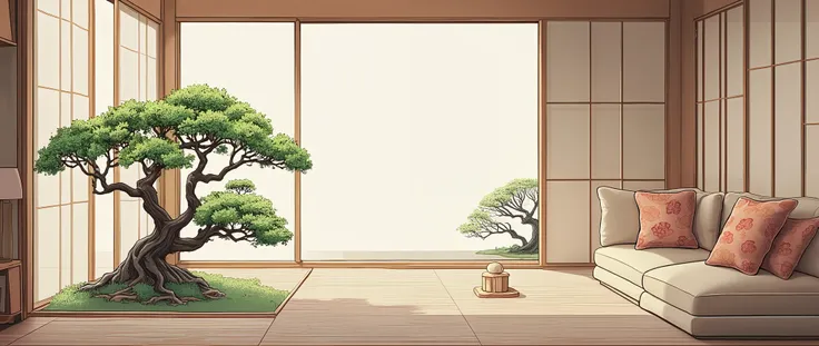 illustration in soft colors predominating , minimalism of a Japanese style living room with window to see the minimalist Japanese garden with bonsai trees, the stage evokes energy and elegance
