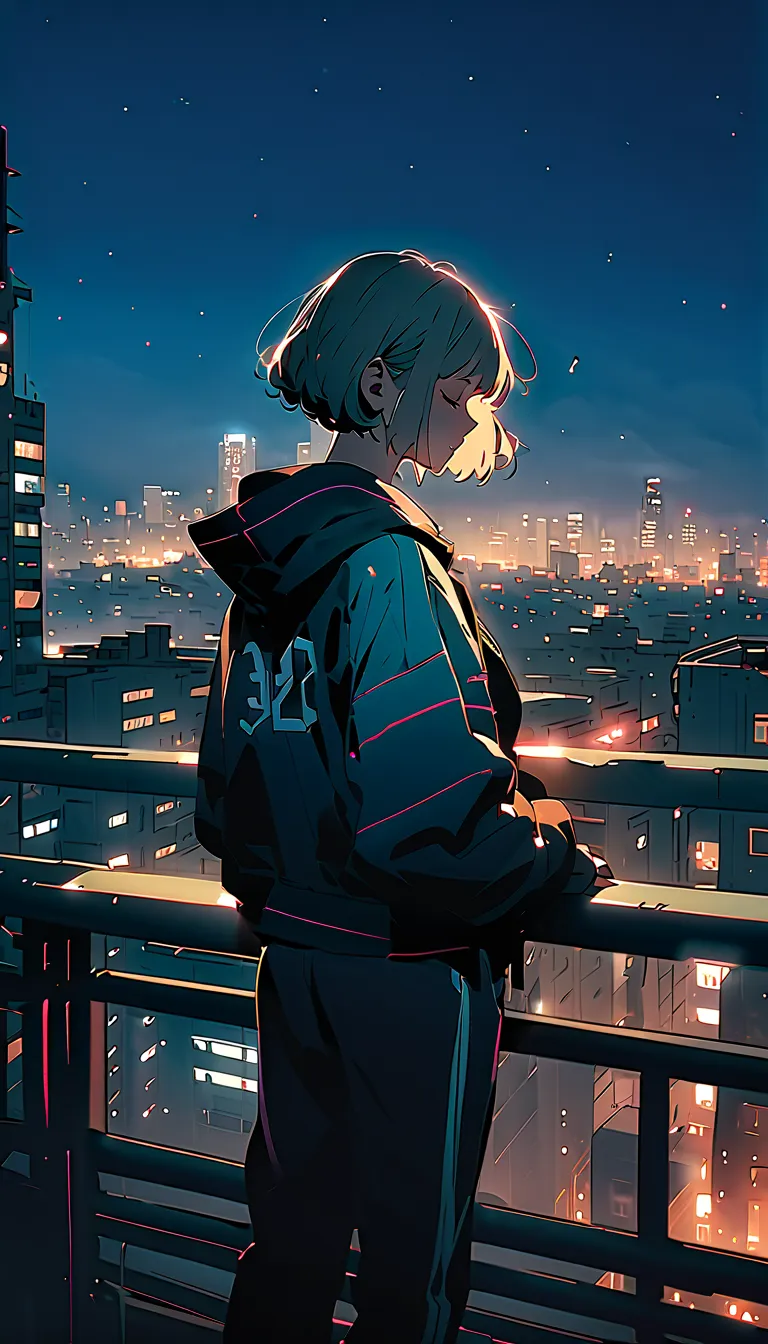 (((Masterpiece, highest quality))), (((32K wallpaper)))), score_9, score_8_up, one girl, masterpiece, very beautiful, manga, anime, illustration, one girl, standing on a rooftop at night, eyes closed, peaceful and nostalgic atmosphere, background is a city...