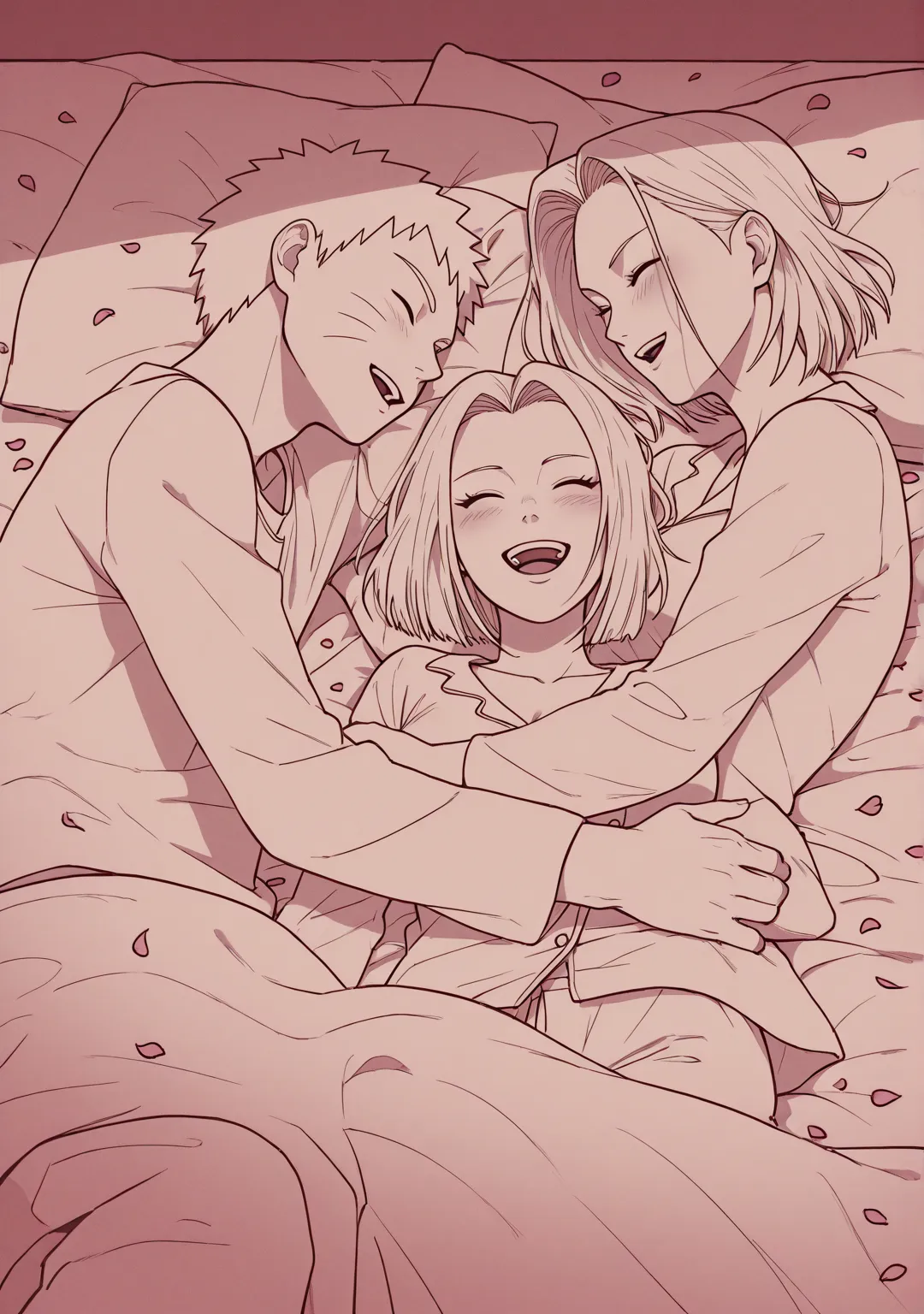 Masterpiece, 8k quality, extremely detailed, 1girl, uzumaki_naruto, blonde_hair, 1boy, closed_eyes, blonde_hair, smile, Android_18, hetero, open_mouth, whisker_markings, couple, long_hair, facial_mark, on_back, pillow, happy, lying, petals, blush, shirt, w...