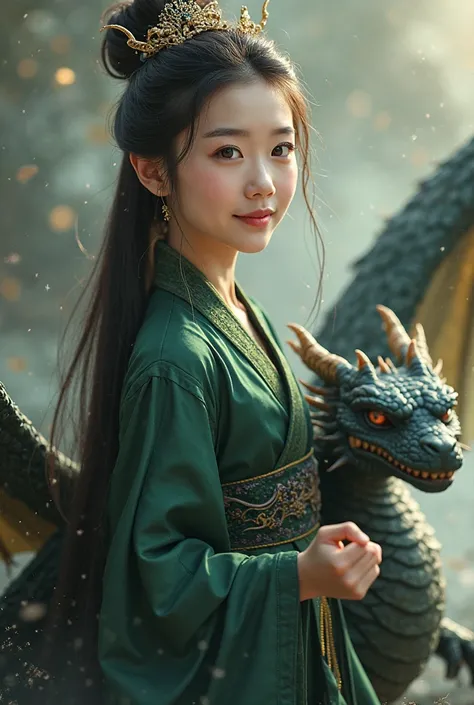 25 year old girl, Korean face, Korean artist face with beautiful and charming face. Her skin is smooth and white. Wearing dark green Korean royal clothes. Long hair in a bun with a crown, hair with white highlights. Happy smiling face, facing forward. left...