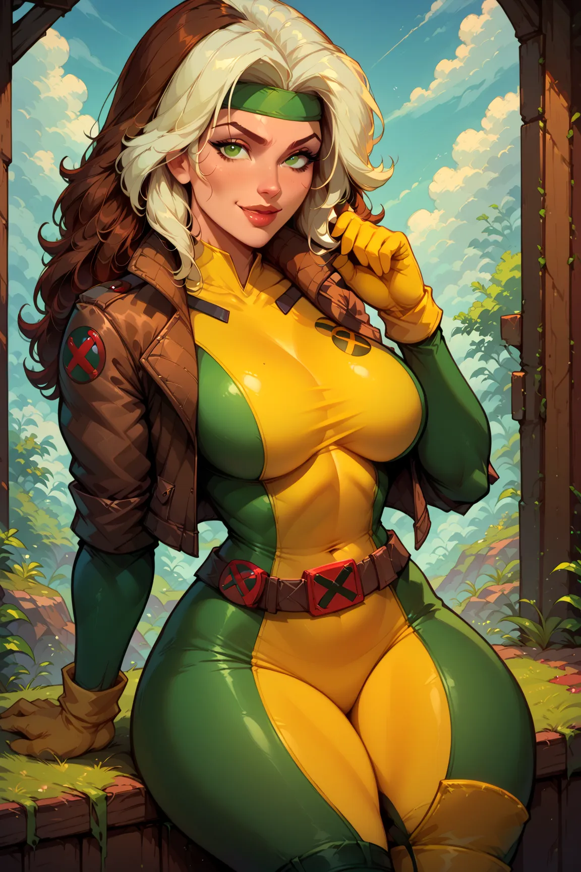 1girl, breasts, solo, thick_thighs, rogue_(x-men), green_eyes, headband, thighs, bodysuit, belt, multicolored_hair, looking_at_viewer, jacket, smile, white_hair, large_breasts, brown_hair, huge_breasts, curvy, long_hair, lips, two-tone_hair, open_clothes, ...