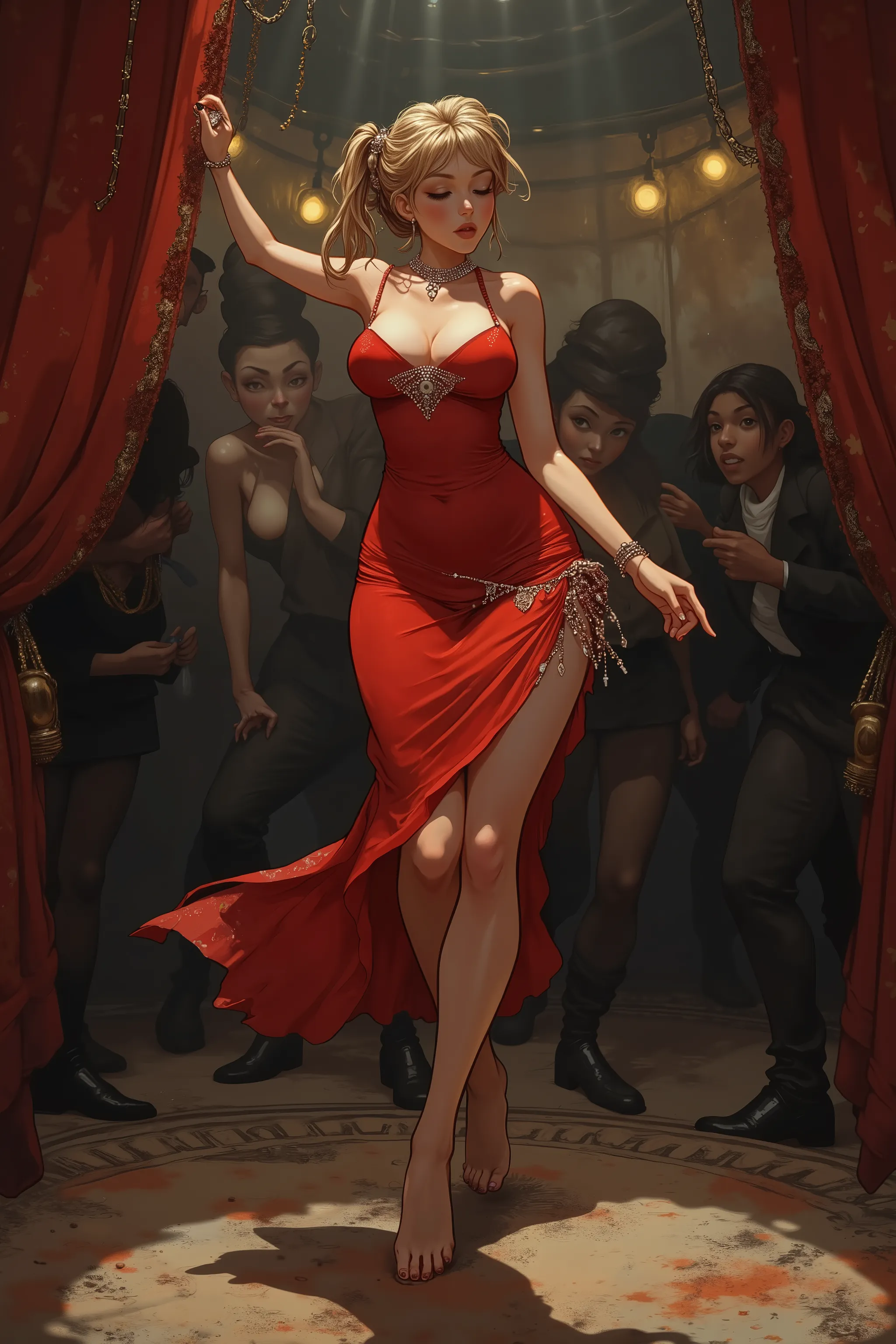 a woan (cute age 25, sexy red slinky dress oiled hairdo, jewelry, bare feet) dancing on stage, audience in shadows, seedy tavern