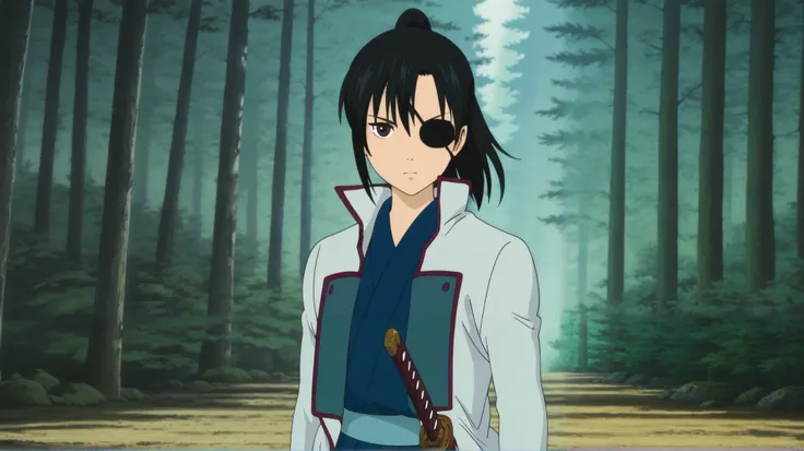 
Ghibli_style, masterpiece, best quality, absurdres, detailed skin, detailed eyes, detailed face, anime colored, anime screencap, anime colored,
1 girl, solo, kyubei, japanese clothes, katana,
looking at viewer, serious, katana, cowboy shot, 
(((forest bac...