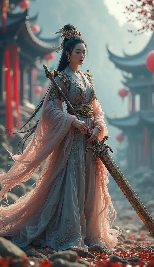 huge beautiful Chinese fairy,tall,A huge ancient Chinese fairy sword inserted straight into the ground,beautiful Chinese style,Exquisite cold weapon,4K High Resolution,Super Details,Realism,major,HDR,bright colors,blurred depth of field