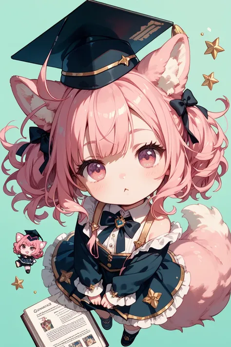 1girl, above shoulders, green background,  fluffy animal ears on top of her head, a fluffy gliding tail, pink hair, pink eyes, wearing academic dress and graduation cap, chibi, facing front, have a chagrined face