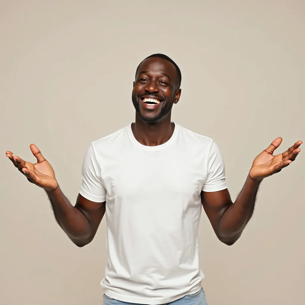 black man smiling with open arms, wearing white t-shirt