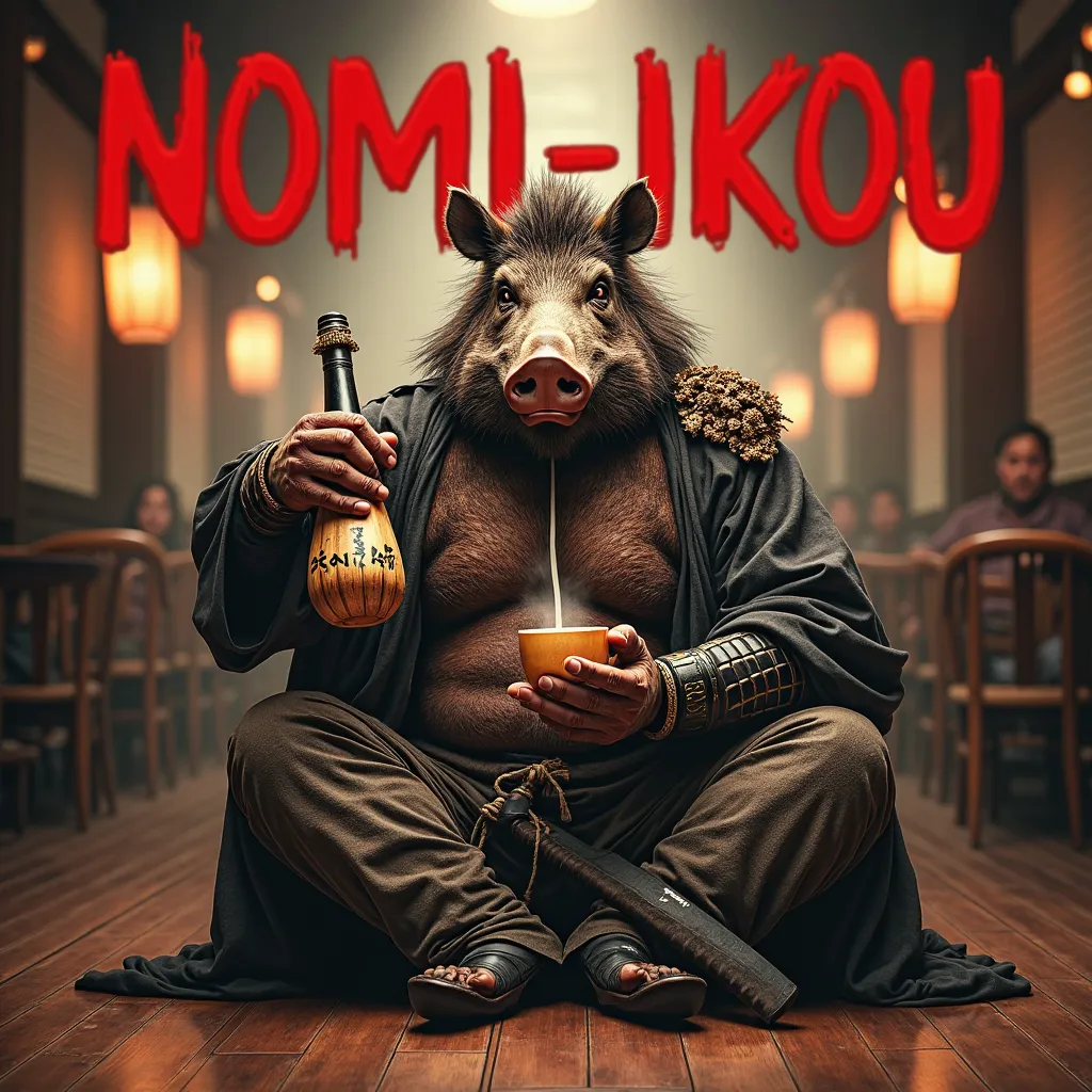 3. "Nomi-ikou"
A dramatic yet humorous portrayal of a samurai boar sitting cross-legged on a wooden floor inside a traditional Japanese izakaya. He holds a massive sake bottle in one hand, pouring it into a wooden masu cup with an inviting grin. His samura...