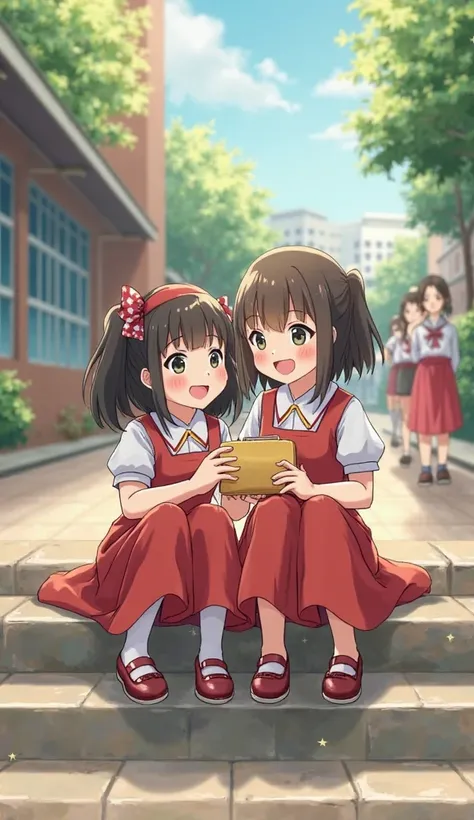 Two s sitting together on school steps, smiling and sharing a small lunchbox. They are hood friends, wearing simple traditional dresses. The background shows a sunny schoolyard with other ren playing.
