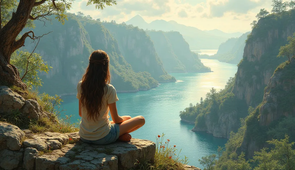 girl sitting cross-legged, back turned on the rock admiring the view