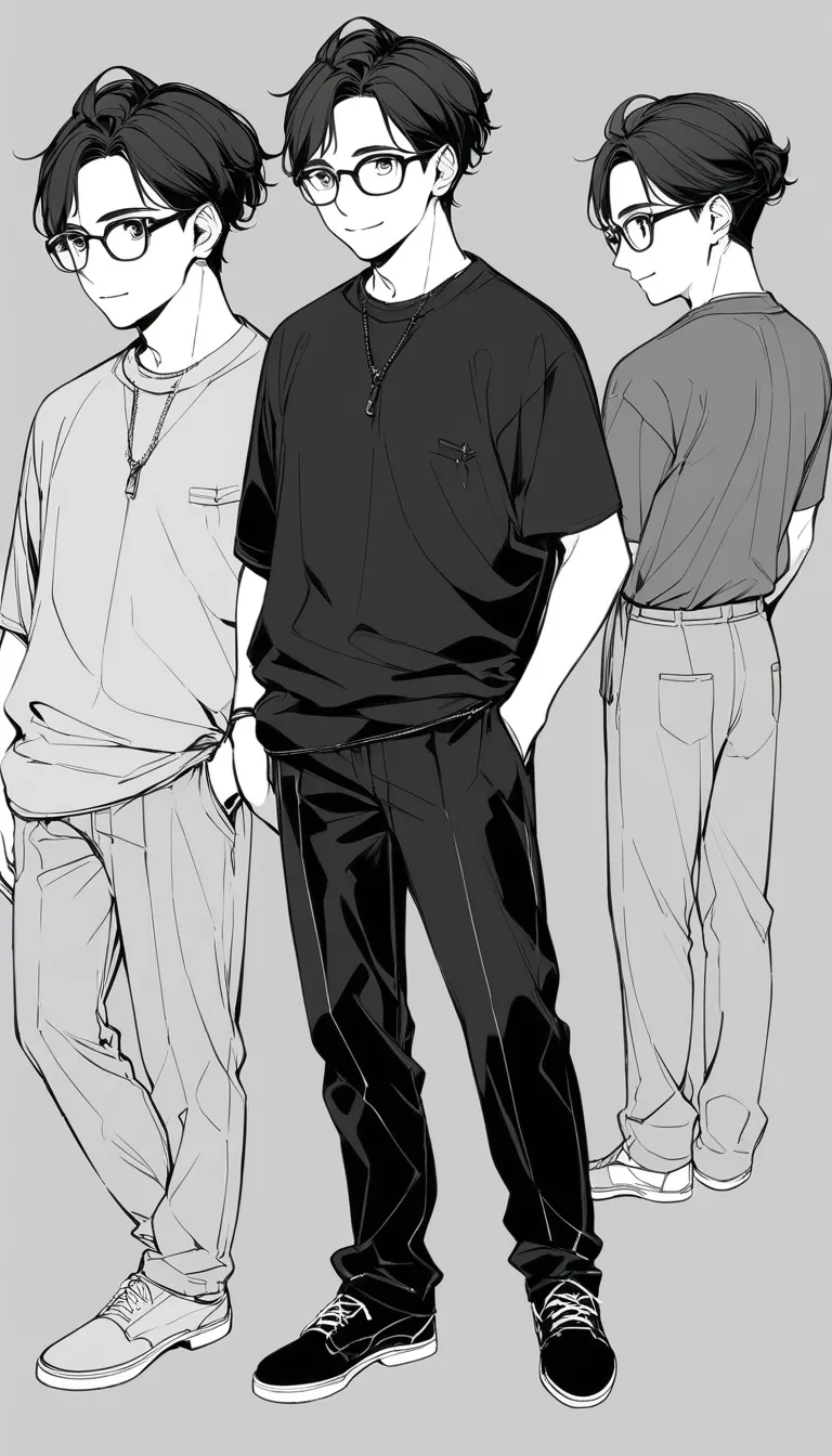 Light color、 line art ,High Resolution、 in detail、,one boy,cute,:d,stylish,no background、40 years old、 cutter shirt、slacks、glasses、full body、Black hair、Eyes are black、 uncle 、Uncool、 Hairstyle All Back、black apron、looking at the camera、(Low quality)、