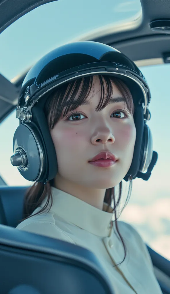  super real、  photorealistic、   beautiful Japanese woman、 clear white skin 、   look at the cockpit diagonally upwards   、in flight、masterpiece、  face  . All information is projected onto the glass part of the helmet、  beautiful eyes、   Information taken wi...