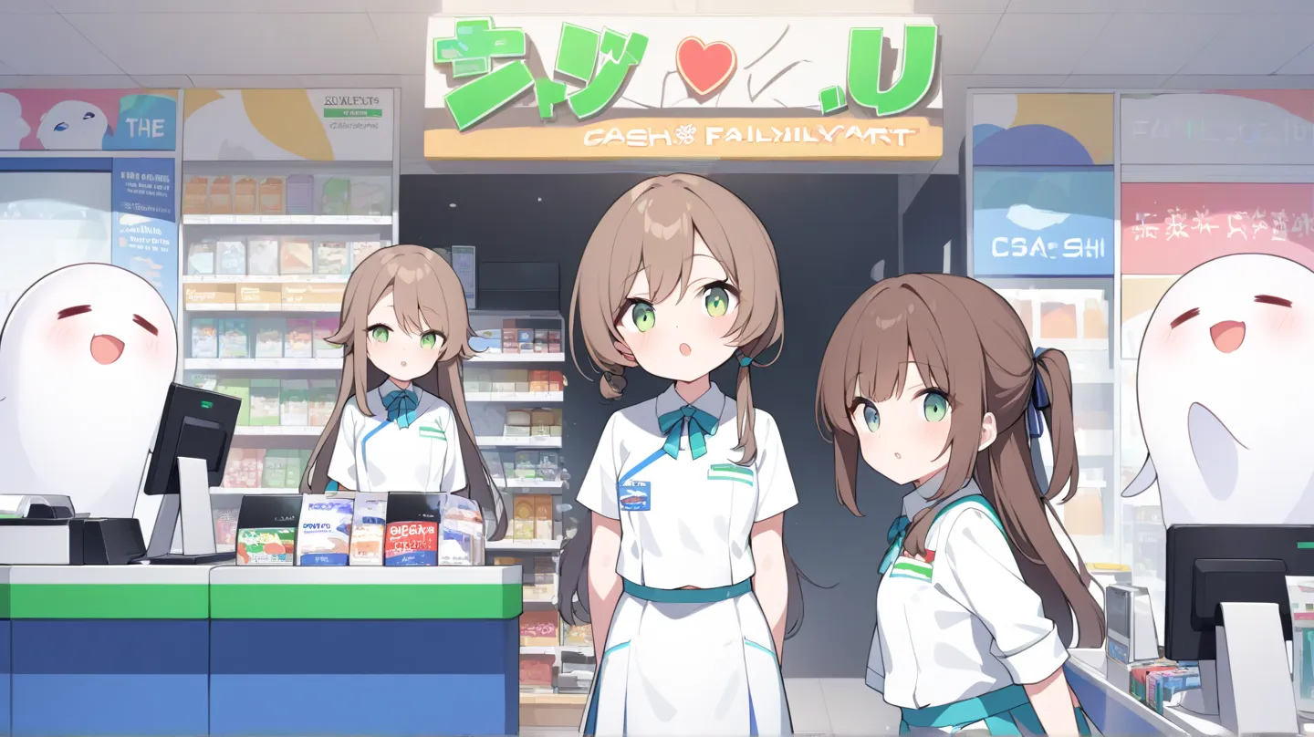 Girl working at convenience store、is facing the front、combines a FamilyMart uniform with a Lawson uniform、Standing still、(female college students)、 no background、hair brown、Light green eyes、Semi-long hairstyle、half up、A  with an energetic personality、The p...