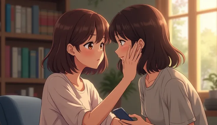 Brunette tutor girl with a phone with tears of joy in her eyes, he&#39;s going to cry now, wipes away tears, very touching. make it realistic, Like a photo