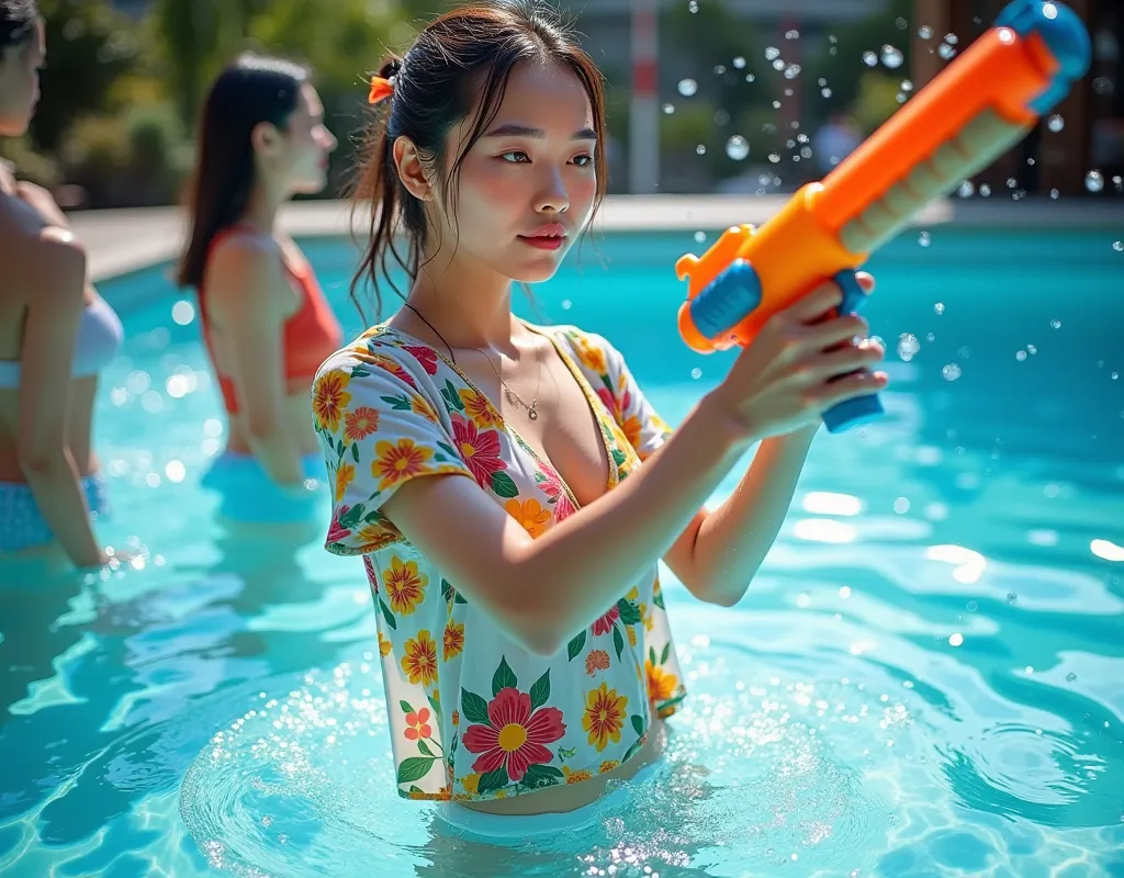 A splashing water festival, ((Aerial view)), a young Asian woman in a colorful flower print shirt, playing water game with friends in Large outdoor pool, (( holding a big water gun)), Jasmin garland, wear shorts, ((sparkling skin, wet:1.2)), emitting a pie...