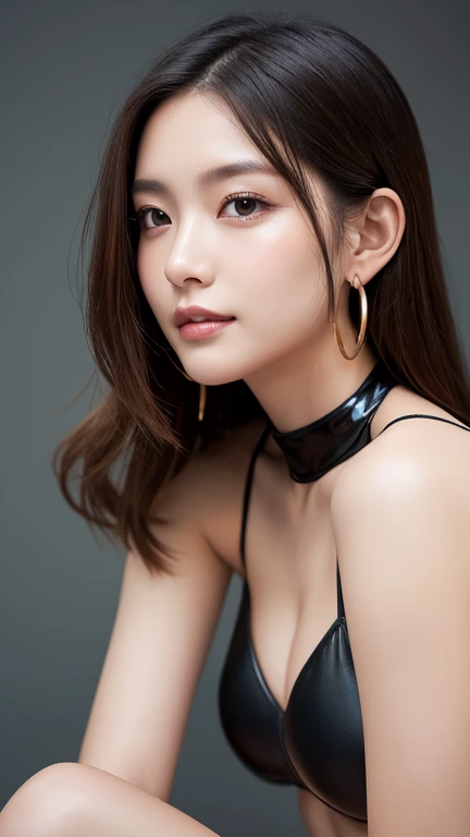     1 girl,     growing skin    ,   hoop earrings  , Charming,   Whimsical Details , Smooth Hair, enchanting,  bare shoulder ,   crop top, Chun Sam  , Shallow and deep , Contrasting, Professional Model, Front,   PORTRAIT 、face-closeup、  latex bodysuit 、  k...