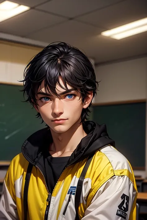 masterpiece, highest quality, High resolution, Super detailed, depth of written boundary, man, closeup, classroom background, short black hair, blue eyes, smirk, muscular, jersey, jacket
