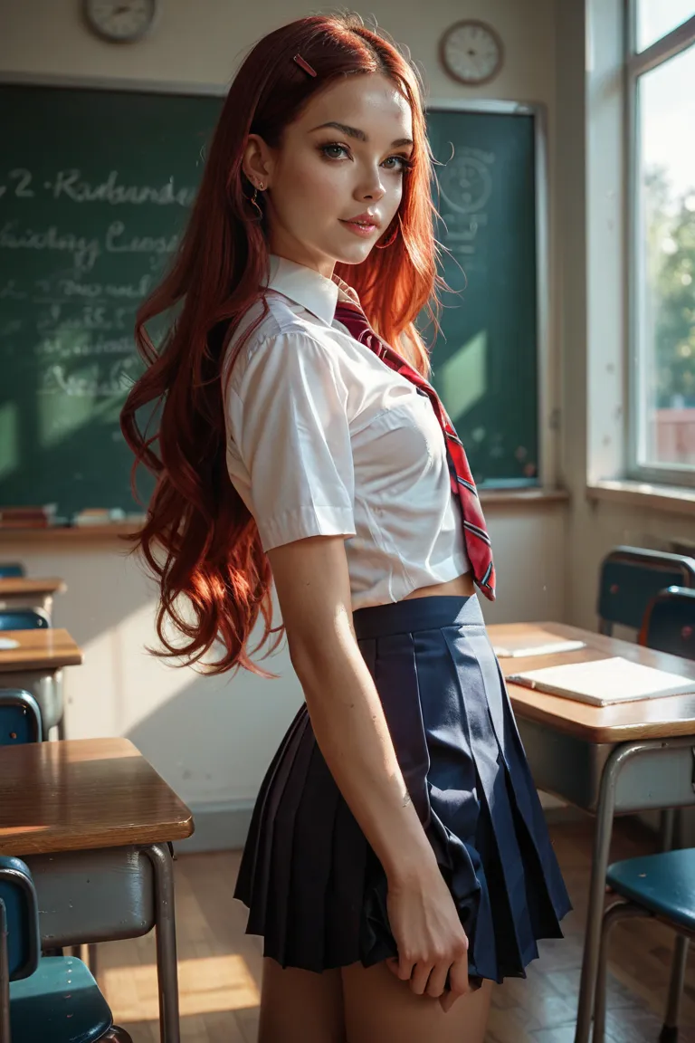 Very beautiful racy young schoolgirl,  schoolgirl uniform, red long hair,  slim body shape, small breasts,  in the classroom 