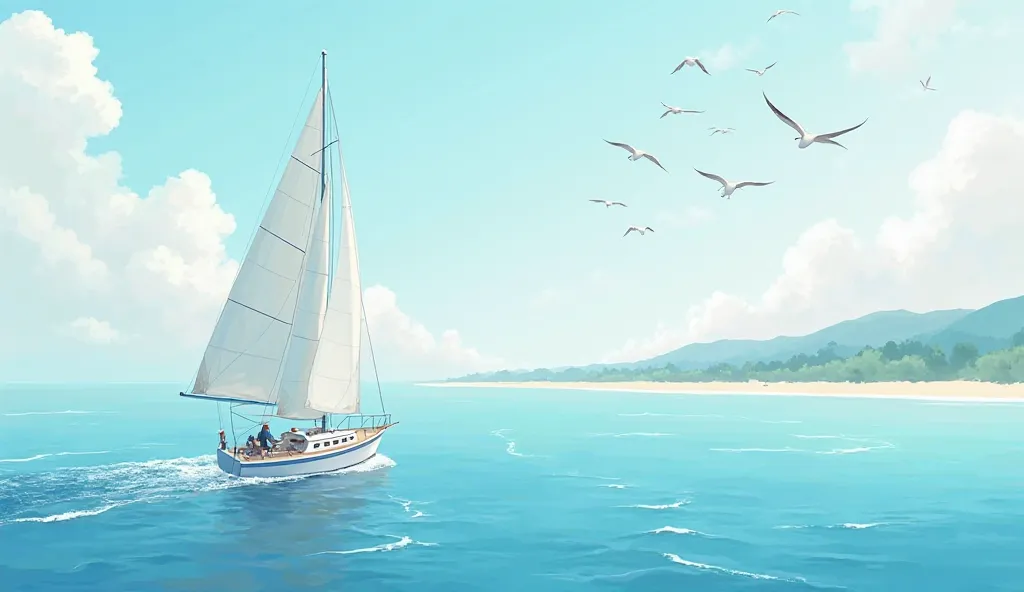 In 16:9 format, a sailboat gliding on the blue sea on a summer day. curtain waving in the light wind. Seagulls on the horizon, the calm sound of the sea and soft guitar melody. Pastel tones, peaceful atmosphere.