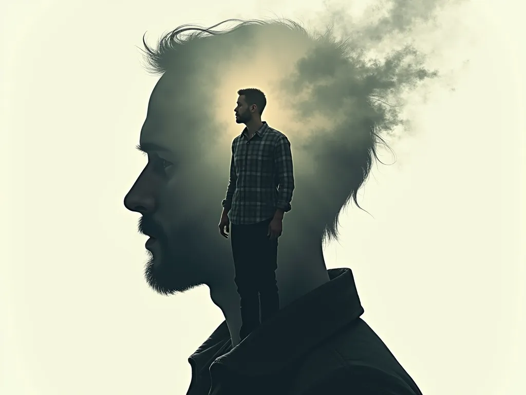 Illustration of man in plaid shirt sitting in the silhouette head