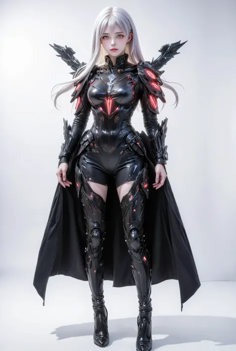 Create an anime-style character with long white hair and red eyes. The character is wearing a sleek black full body catsuit and long black sleek long half skirt. Costume has dark red accents on the shoulders armor and red led on armor. The outfit has a mod...