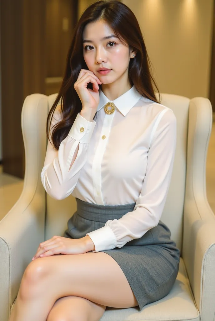 a young woman seated on a light-colored chair in an indoor setting, likely an office or lounge. She has long, dark hair styled neatly, and her expression is poised and confident. She is dressed in a professional yet stylish outfit, consisting of a white bl...