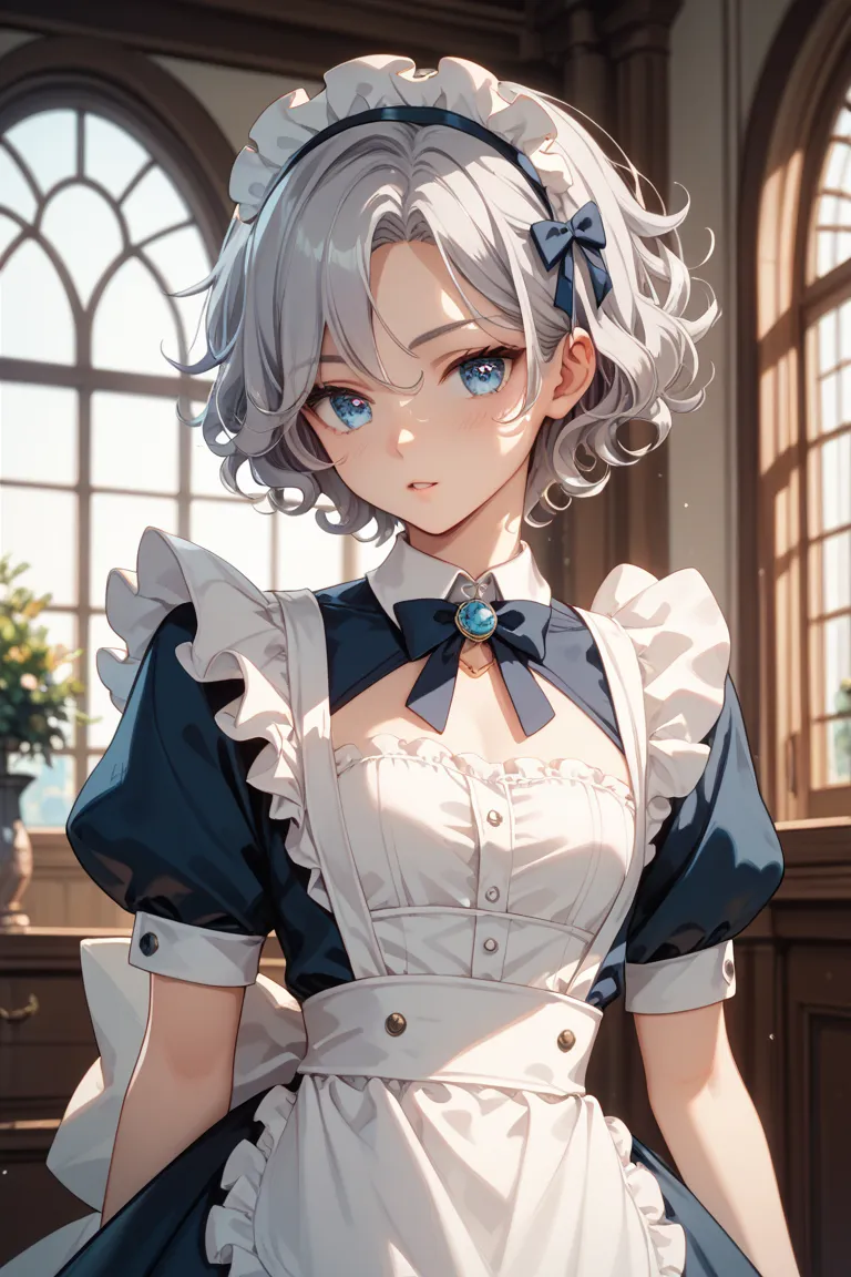 1 boy、 Silver Hair、Curly hair、Cat Eyes、 blue eyes、is erotic、maid clothes、Fair skin、 Slim、best image quality