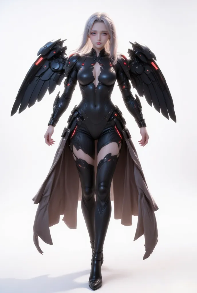 Create an anime-style character with long white hair and red eyes. The character is wearing a sleek black full body catsuit and long black sleek long half skirt. Costume has dark red accents on the shoulders armor and red led on armor. The outfit has a mod...