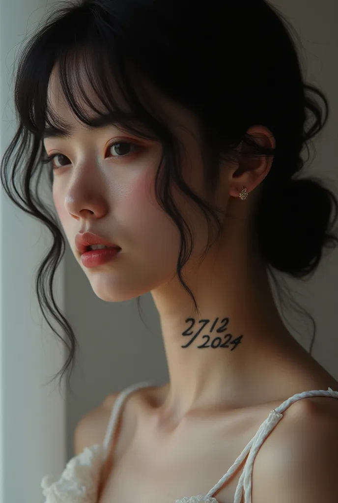 The neck of a girl with black hair has a tattoo that says the date 24/12/2024  