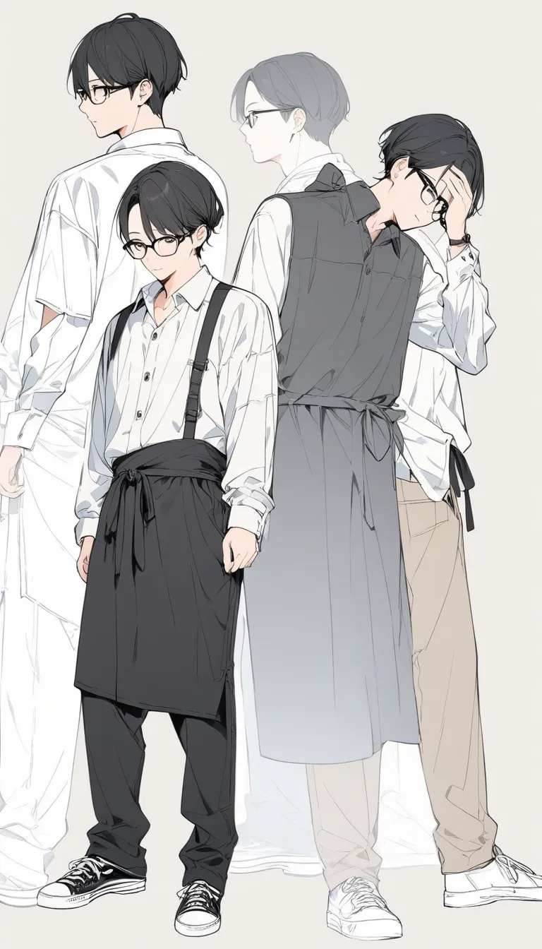 Light color、 line art ,High Resolution、 in detail、,one boy,cute,:d,stylish,no background、40 years old、 cutter shirt、slacks、glasses、full body、Black hair、Eyes are black、 uncle 、Uncool、 Hairstyle All Back、black apron、looking at the camera、(Low quality)、Lame、 ...