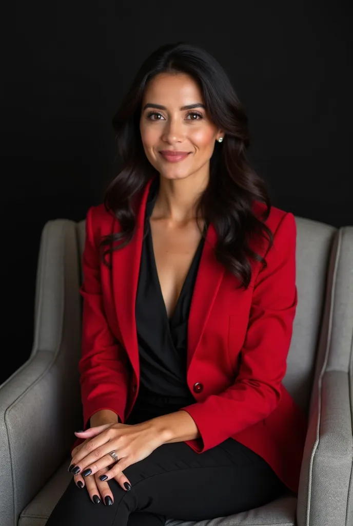 Generate a very realistic and natural photo of a 35-year-old Brazilian woman, long wavy hair and black, light makeup, this would be red blazer black blouse black pants are seated in an elegant and comfortable gray armchair legs crossed with their hands on ...