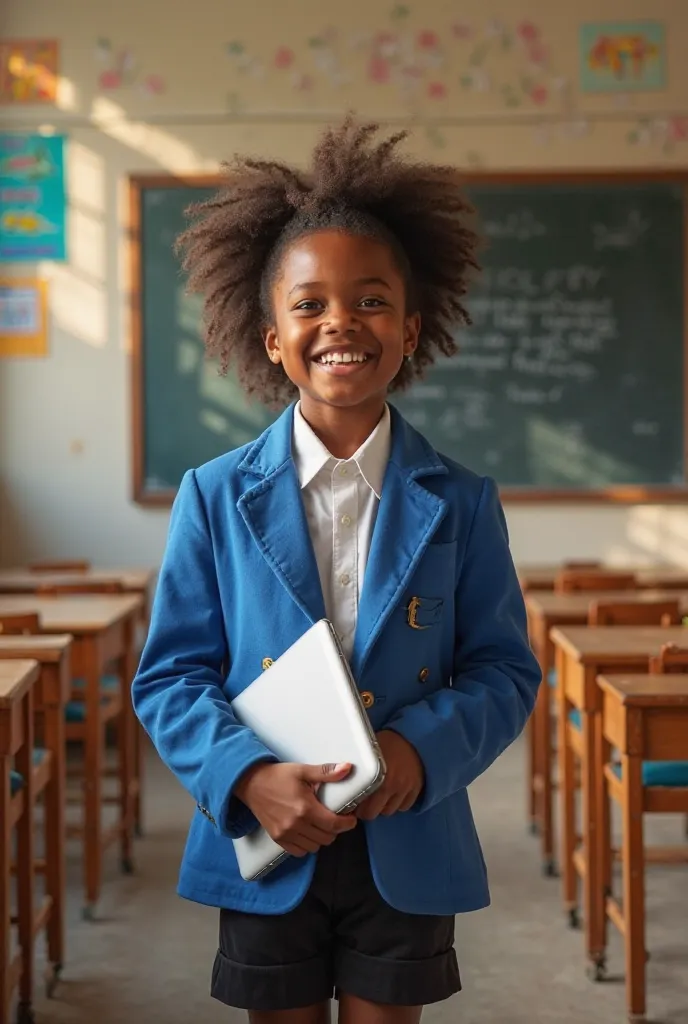 Une jeune fille africaine d'environ 12 ans, avec la peau bronzée et les cheveux bouclés, est debout , dans une classe de lycée. Elle porte une tenue scolaire traditionnelle africaine, avec un joli blazer bleu et une blouse blanche, ainsi qu'un short noir e...