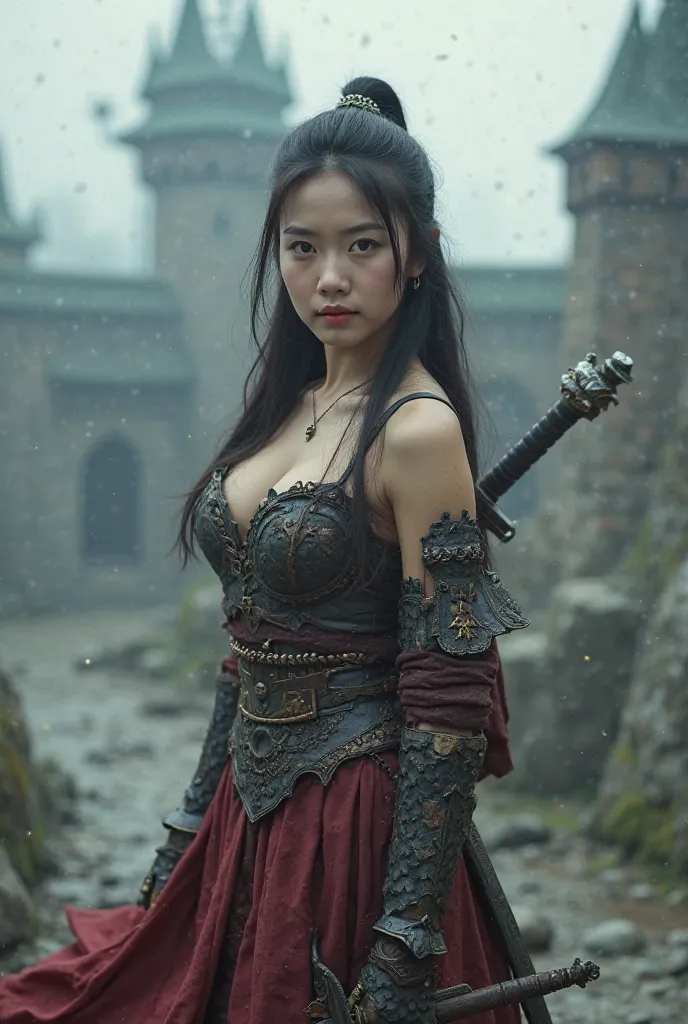 Create a image that actual item. The background is slightly blurred. 18 years old Korean girl, F Cup, sexy, gorgeous, tight, cleavage, warrior, warrior，castle background, , sword , mist, blurred, Giant dragon