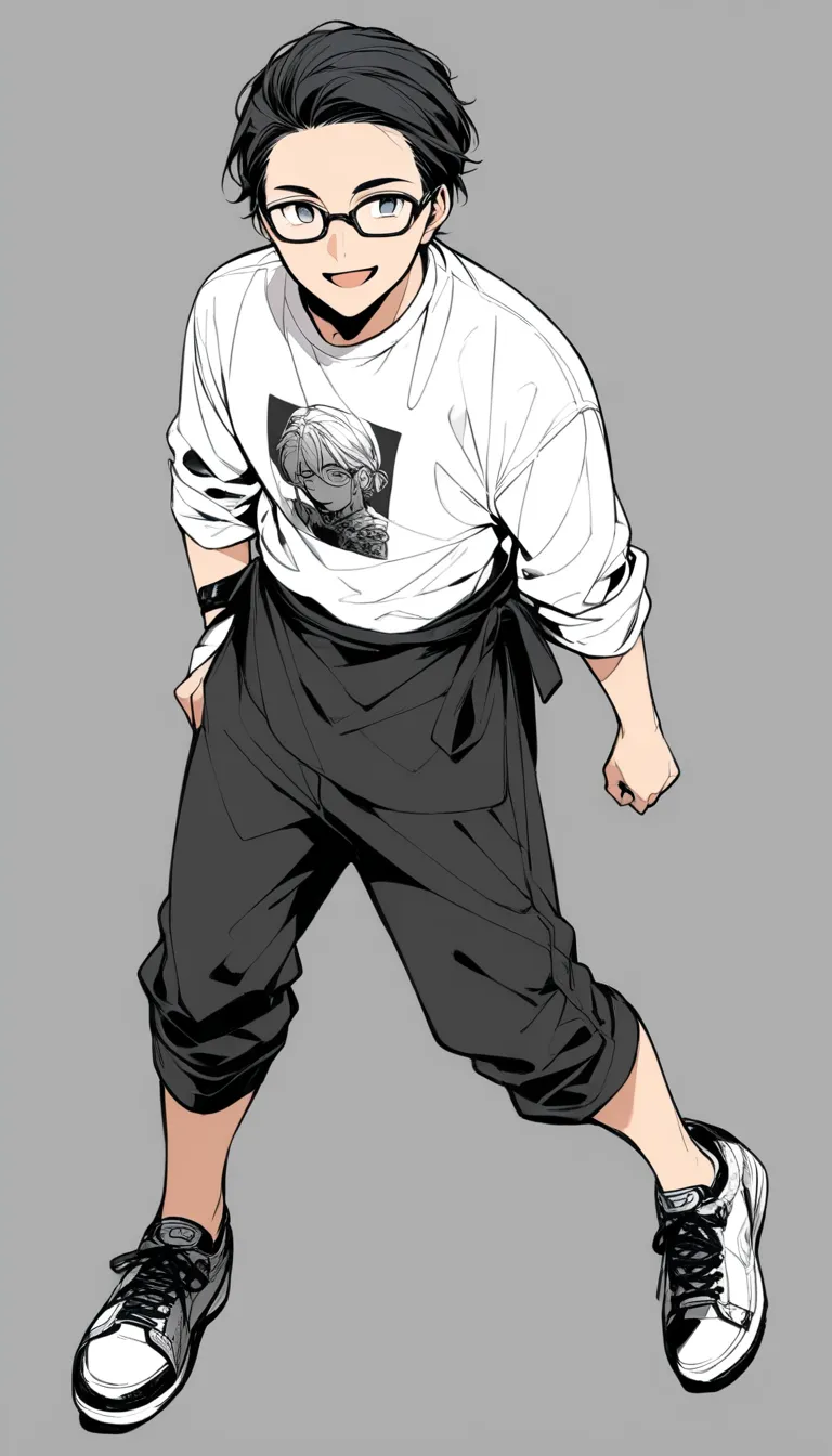 Light color、 line art ,High Resolution、 in detail、,one boy,cute,:d,stylish,no background、40 years old、 cutter shirt、slacks、glasses、full body、Black hair、Eyes are black、 uncle 、Uncool、 Hairstyle All Back、black apron、looking at the camera、(Low quality)、Lame、 ...