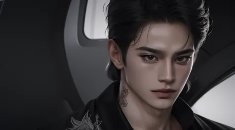 man,exposed forehead hairstyle,white hair,hot,  handsome, chinese guy,asian, ultra-detailed,hyper details,cinematic light, solo,stand,white studio,black-and-white-filter,closeup,front,looking at viewer from front,manhwa-style,unbutton-shirt,tattoo on the n...